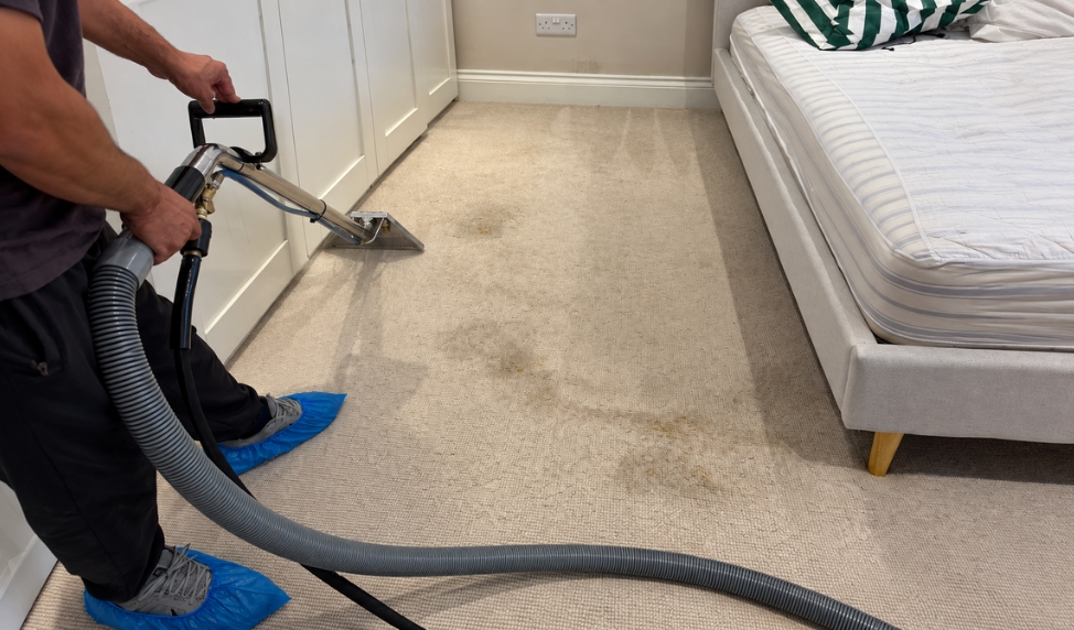 Bedroom carpet before professional cleaning with visible staining